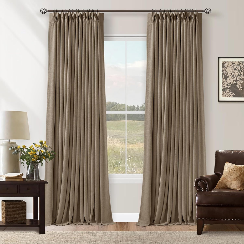 Twodrapes Latte 96 Inch Pinch Pleated Blackout Linen Curtains for Bedroom Living Room 2 Panels Set Memory Trained 100% Black Out Soundproof…