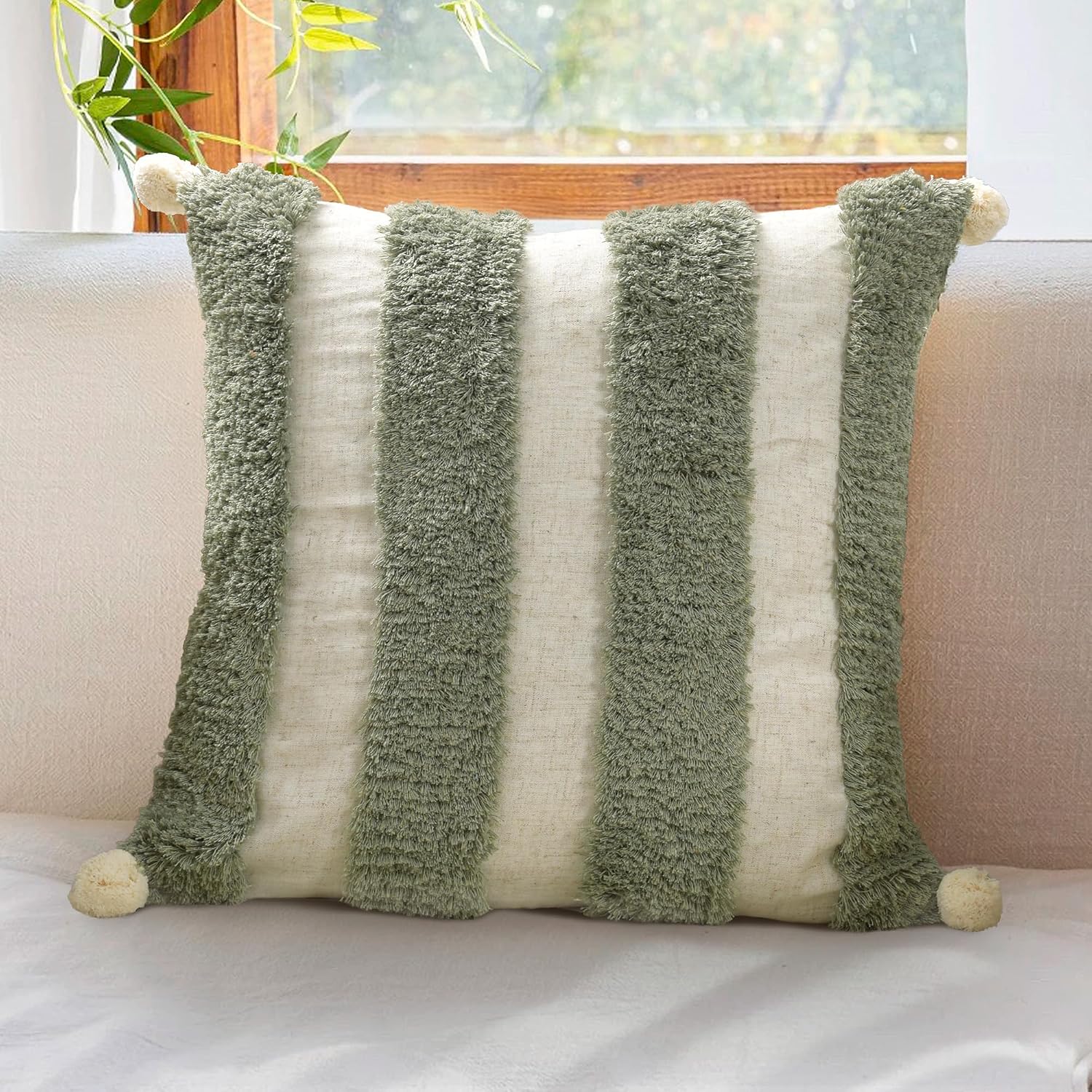 Loopuinhom Boho Pillow Covers 18X18 Inch Boho Tufted Linen Throw Pillow Covers Decorative Pompoms Cushion Cover Farmhouse Pillow Case for C…