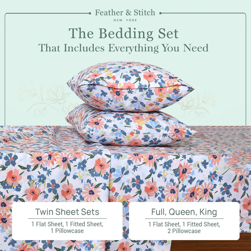 Featherstitchnewyork Feather & Stitch Softest 100% Cotton Sheets, 300 Thread Count Percale Weave Bedding, 16" Deep Pocket, Cooling Sheets,…