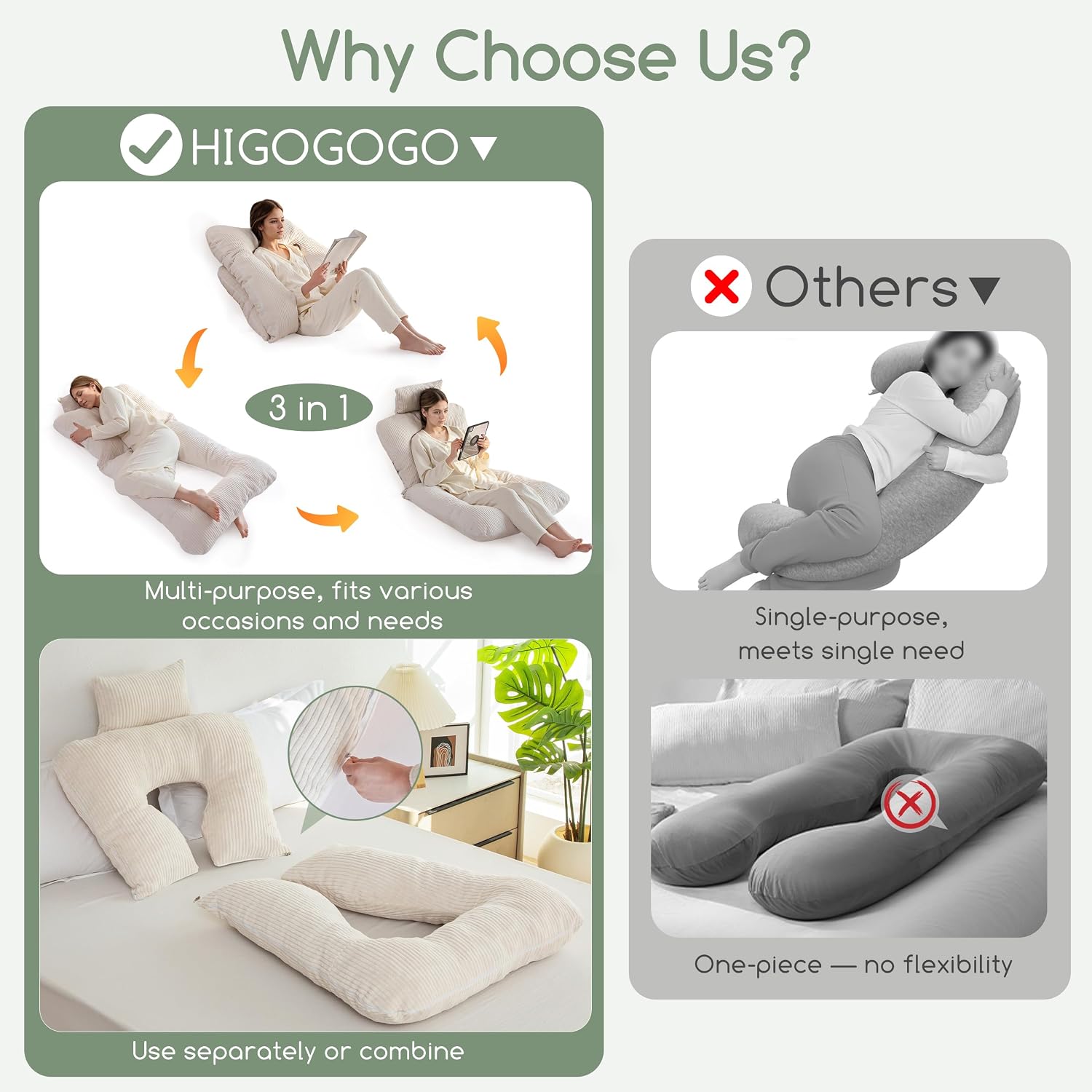 Higogogo Reading Pillow, Back Pillow for Sitting in Bed and Couch, Gaming Pillow for Adults, Sit Up Support for Bed, Beige