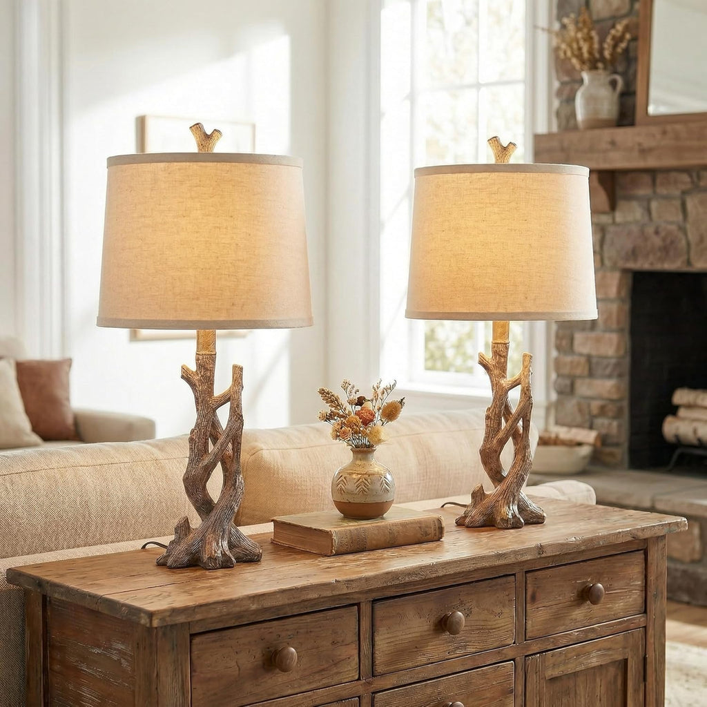 OYEARS 23" Rustic Farmhouse Table Lamp Country Cottage Lamps for Nightstand Tree Trunk Wood Grain Lamp for Bedroom Living Room with…