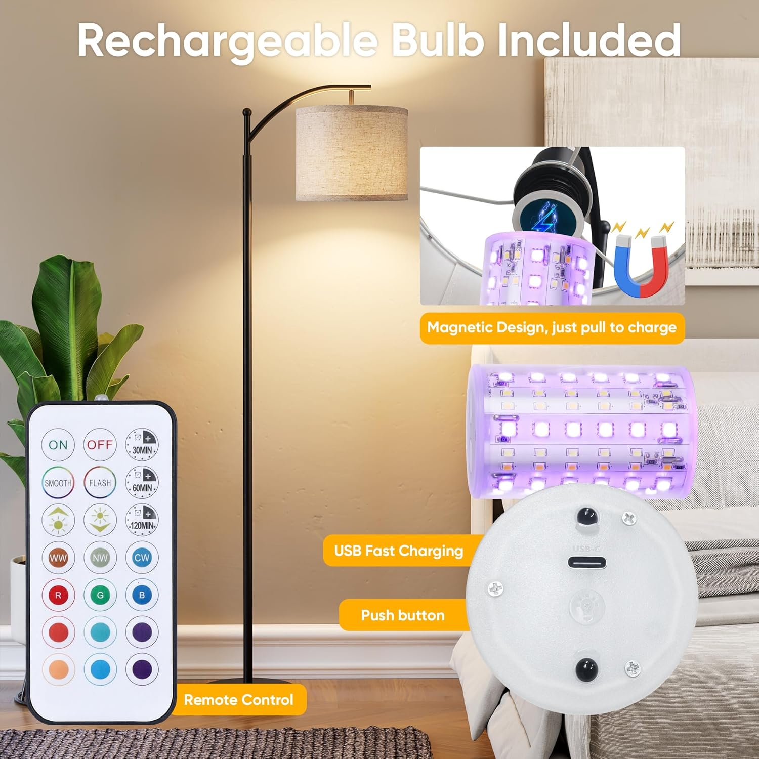 Battery Operated Floor Lamp, RGB Dimmable Cordless Standing Lamp with Remote Control for Living Room, Tall Floor Lamp for Bedroom -Black