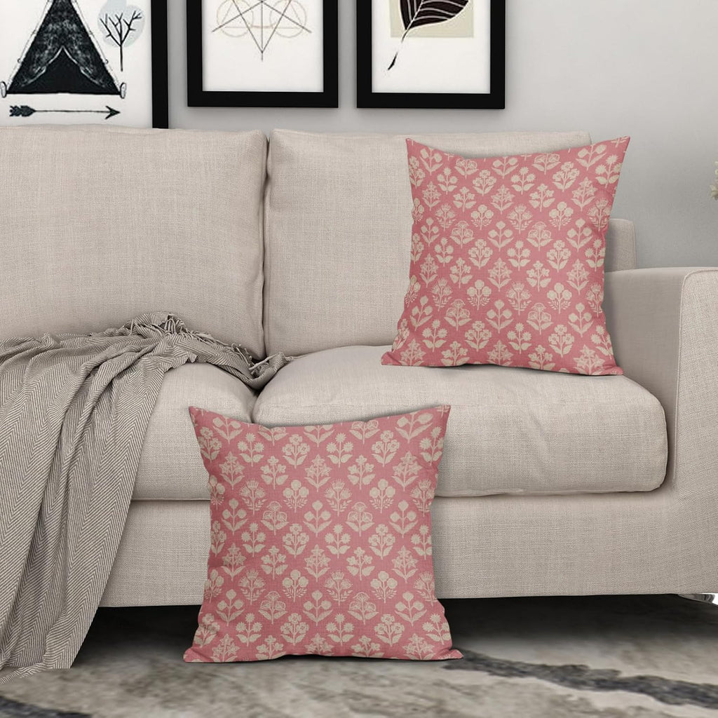 Pink Floral Block Print Pillow Covers 20x20 Inch Set of 2, Vintage Flower Pattern Decorative Throw Pillowcases Outdoor Farmhouse Cushion…