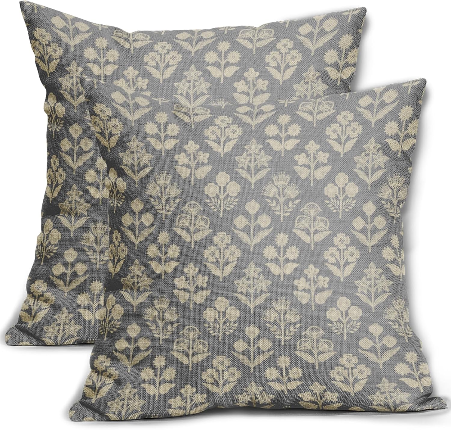 Grey Gray Floral Block Print Pillow Covers 20x20 Inch Set of 2, Vintage Flower Pattern Decorative Throw Pillowcases Outdoor Farmhouse…