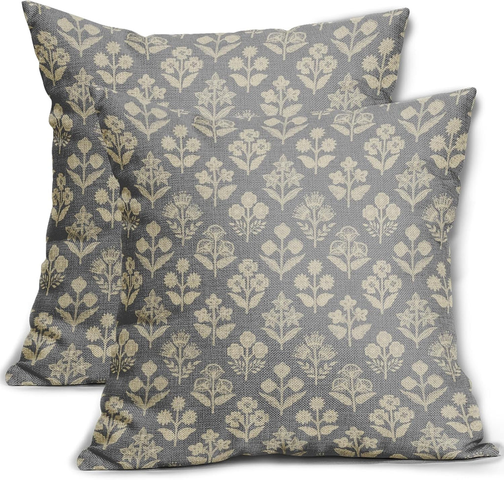 Grey Gray Floral Block Print Pillow Covers 18x18 Inch Set of 2, Vintage Flower Pattern Decorative Throw Pillowcases Outdoor Farmhouse…