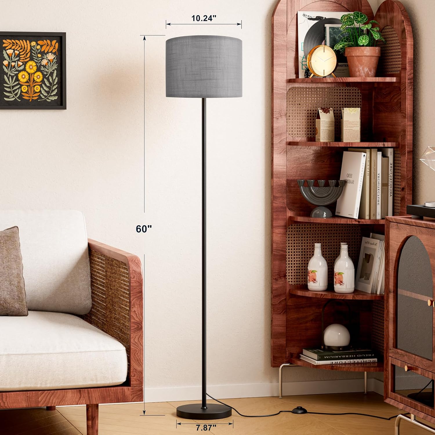 Ambimall 60'' Modern Floor Lamp with Shade, Tall Lamps for Living Room, Bedroom, Office, Dining Room, Linen Grey Shade with Black Pole(With…