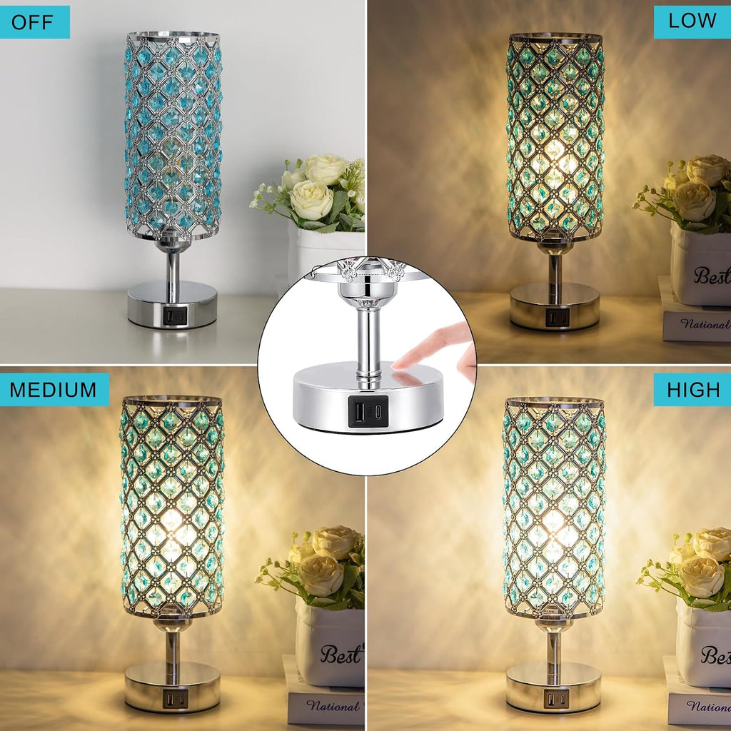 Hong-in Blue Crystal Table Lamp - 3-Way Dimmable Touch Control, Bedside Lamp with USB C and A Ports, Nightstand Light for Living Room…