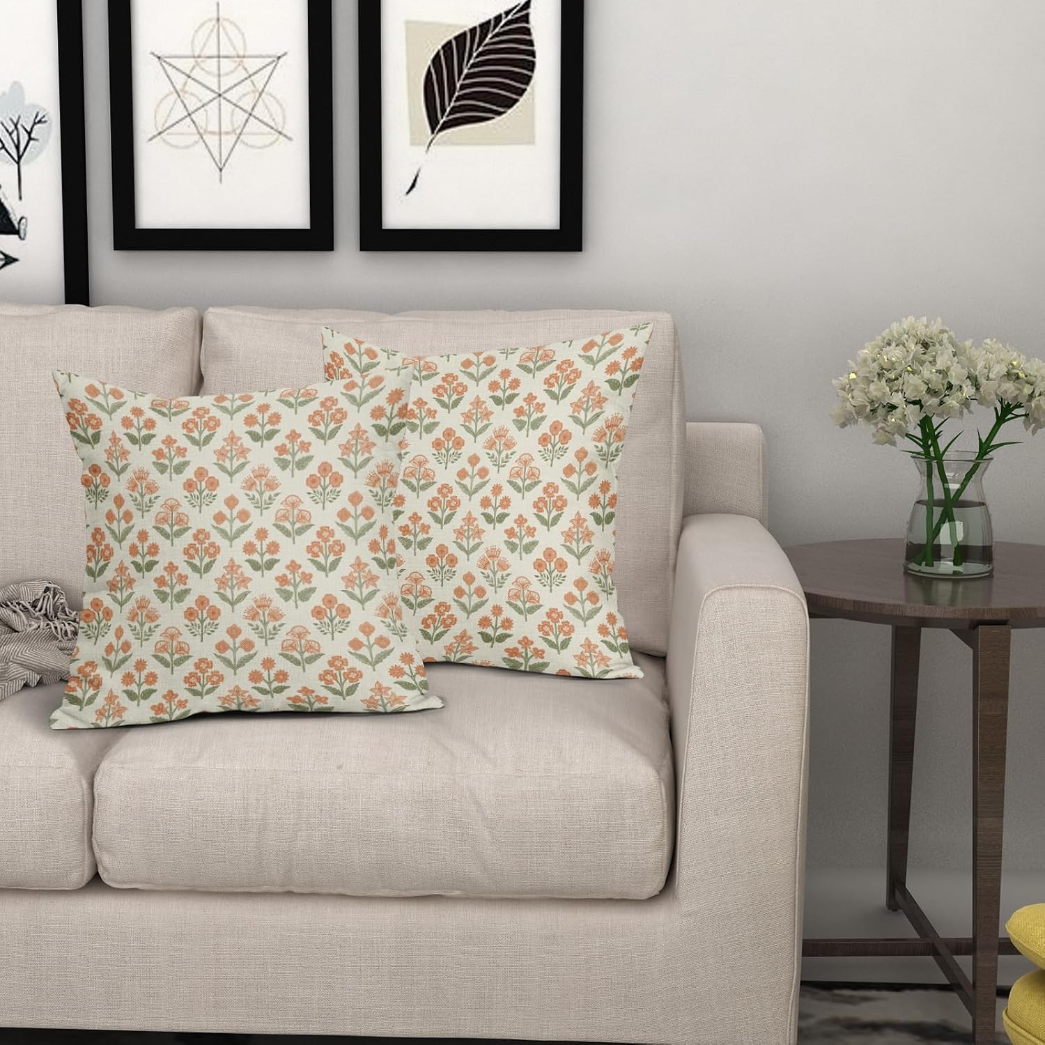 Orange Green Floral Pillow Covers 22x22 Inch Set of 2, Vintage Flower Block Pattern Decorative Throw Pillowcases Outdoor Farmhouse…