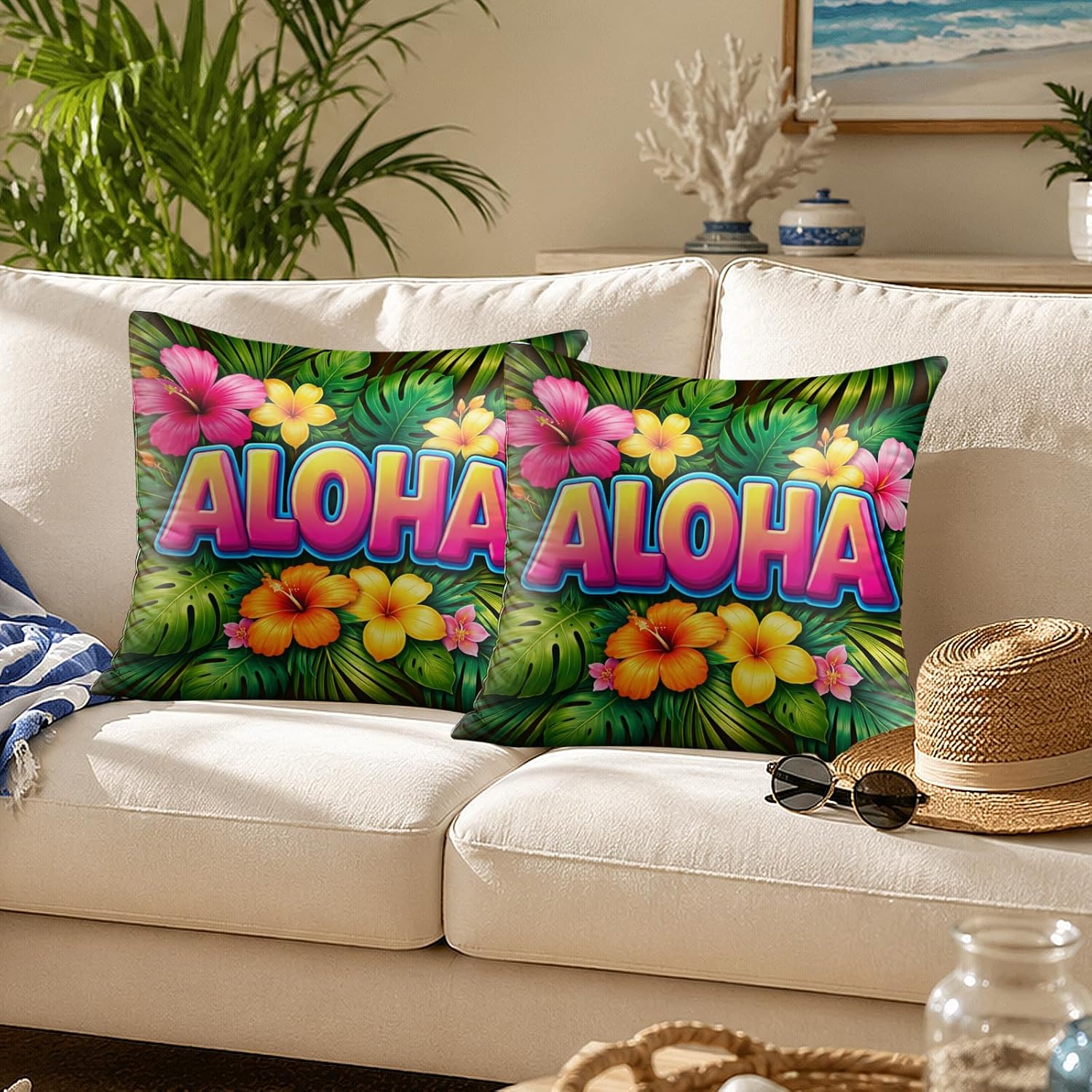 BlissYard Aloha Tropical Throw Pillow Covers 18x18 Set of 2 Decorative Pillow Covers Hawaiian Summer Floral Pillow Covers for Couch Sofa…