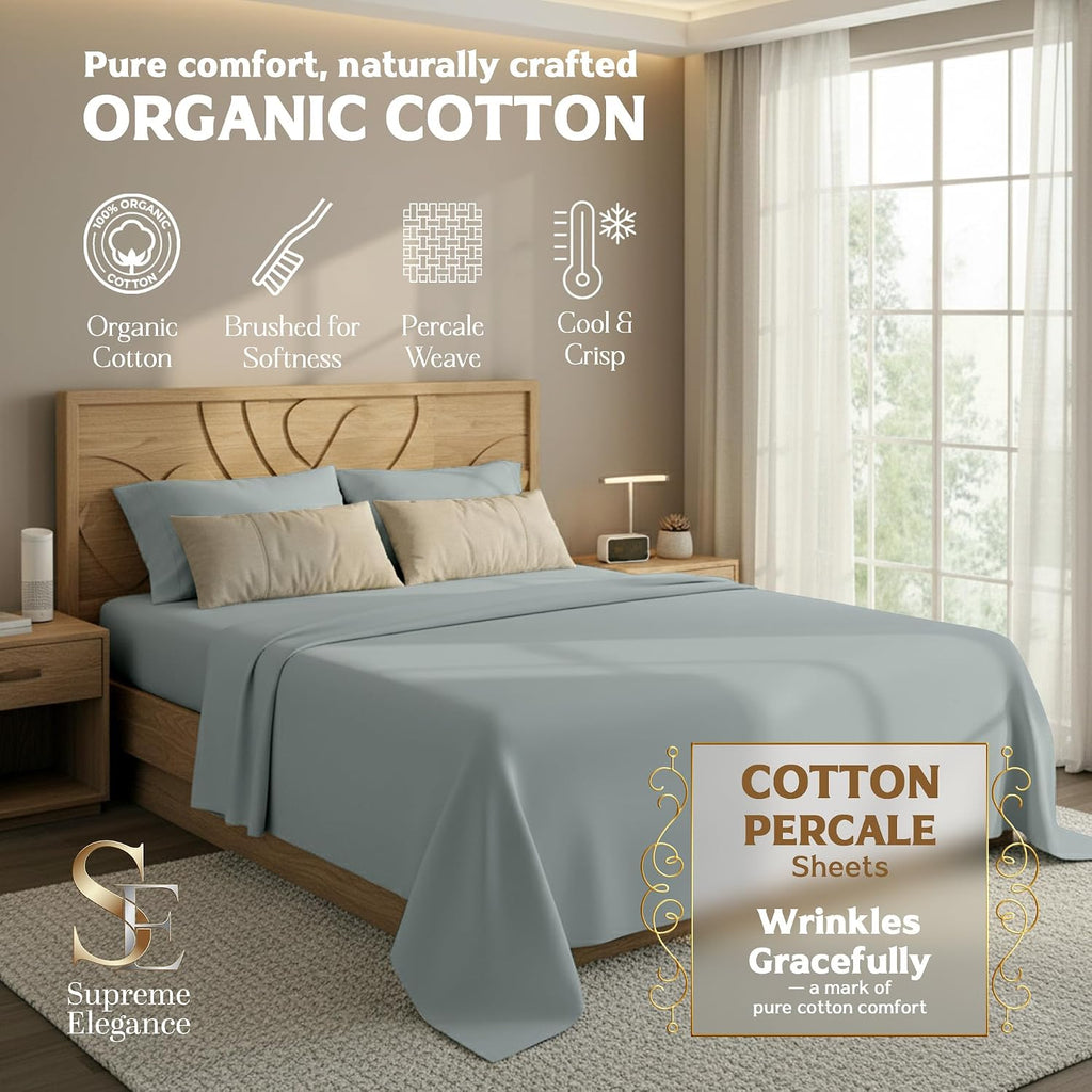 SupremeElegence Supreme Elegance 100% Organic Cotton King Size Sheets Set (4Pc), Percale, Crisp, Breathable & Cooling Sheets for Hot Sleepe…