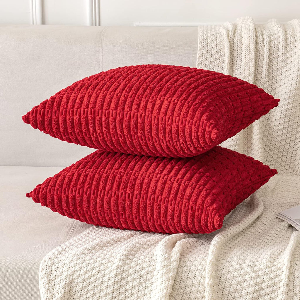 Miulee Pack of 2 Red Corduroy Decorative Pillow Covers 18x18 Inch Soft Boho Striped Throw Pillow Covers Modern Farmhouse Home Decor for Sof…