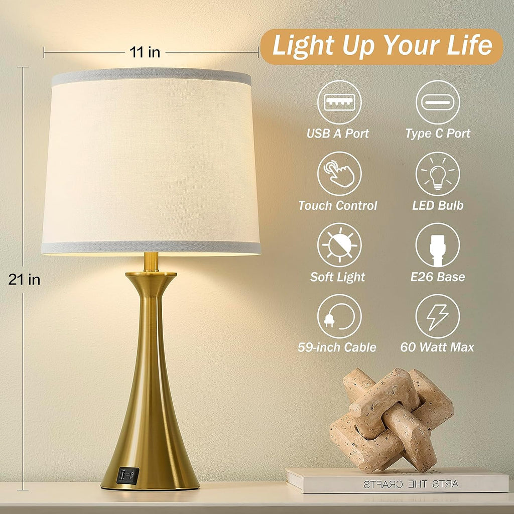 Touch Lamp for Living Room Bedroom, 21" Table Lamps Set of 2 with USB C+A Ports and White Lamp Shades, 3 Way Dimmable Gold Touch Bedside…