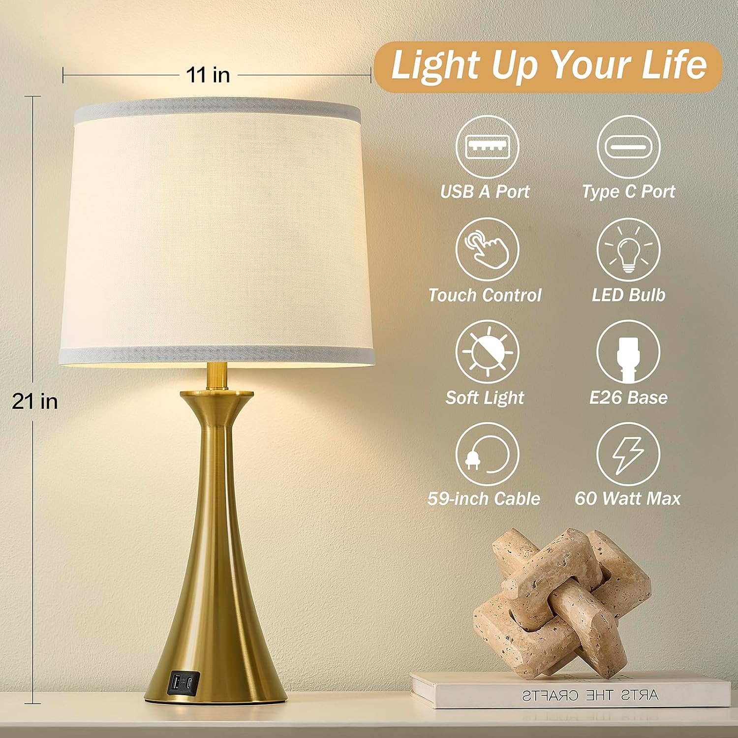 Touch Lamp for Living Room Bedroom, 21" Table Lamps Set of 2 with USB C+A Ports and White Lamp Shades, 3 Way Dimmable Gold Touch Bedside…