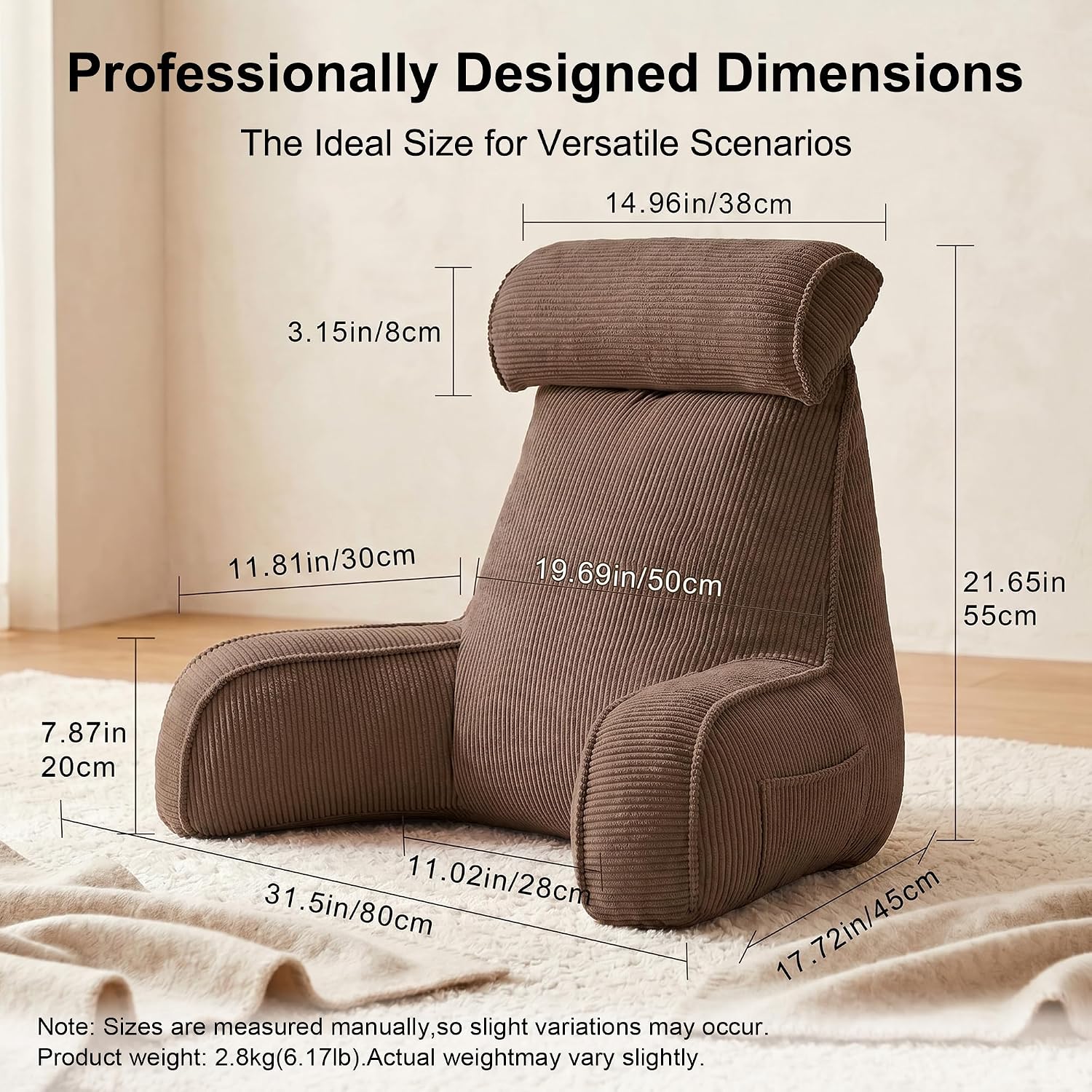 Ailuteie Reading Pillow for Sitting Up, Backrest Pillow with Arms, Corduroy Back Support Cushion with Side Pockets & Washable Cover, Bed Re…