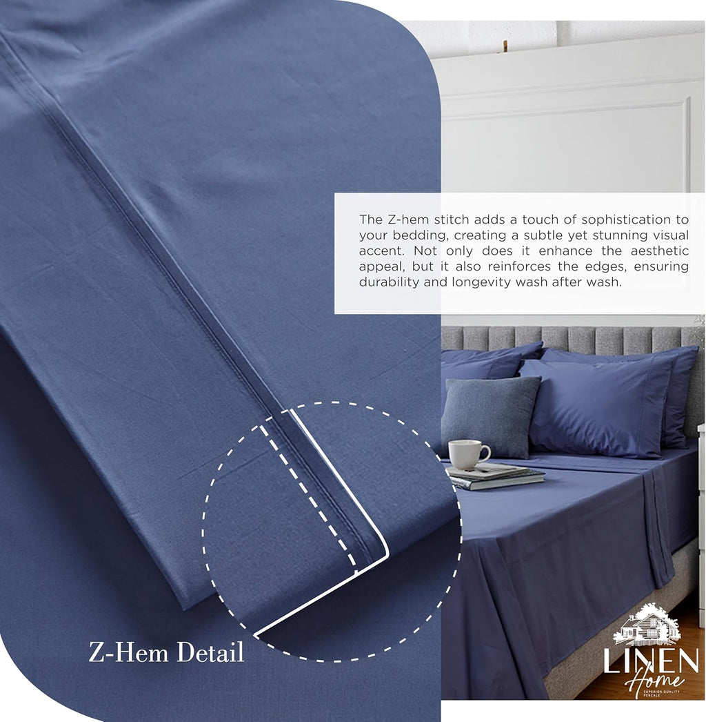 Linen Home 100% Cotton Percale Twin Sheets 3-Piece Set, Soft Breathable & Cooling Bed Linen, Deep Pocket 16", Crisp Hotel Quality, Dark Blue