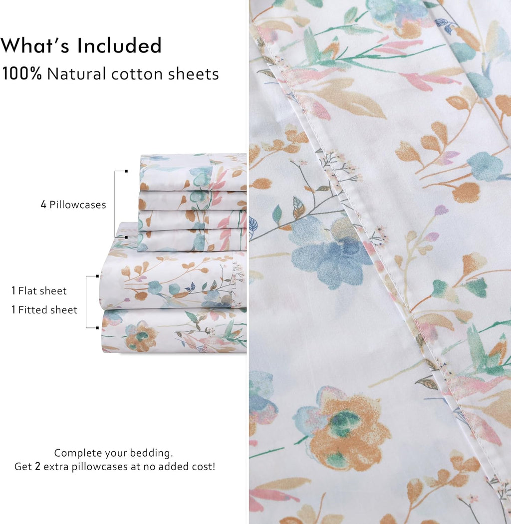 Ruvanti 100% Cotton Percale Sheets California King Size 6 Piece Set, Cooling Bed Sheets for Hot Sleepers, Deep Pocket 14”, Breathable Light…