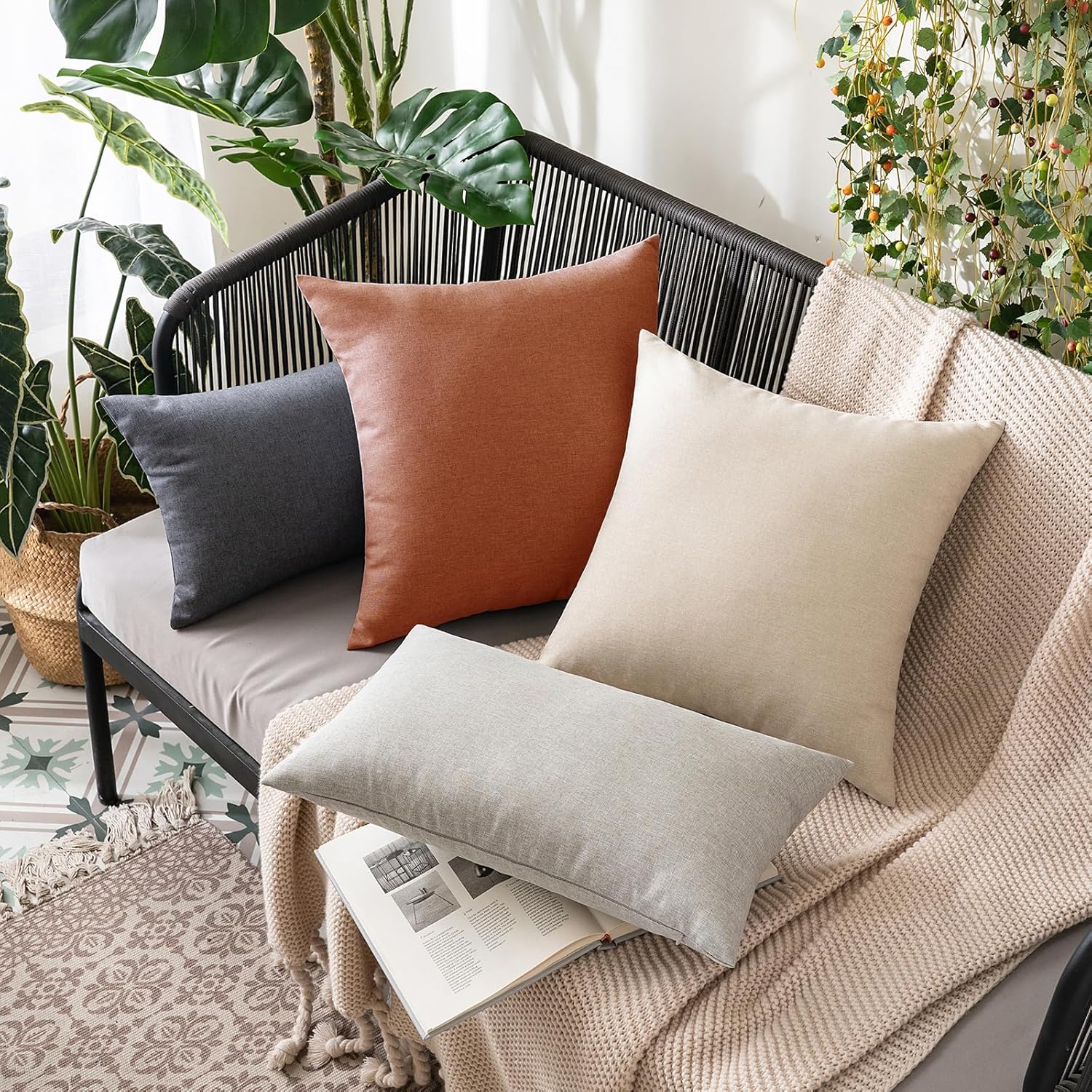 Miulee Pack of 2 Decorative Outdoor Solid Waterproof Throw Pillow Covers Faux Linen Garden Farmhouse Cushion Cases for Summer Patio Tent Ba…