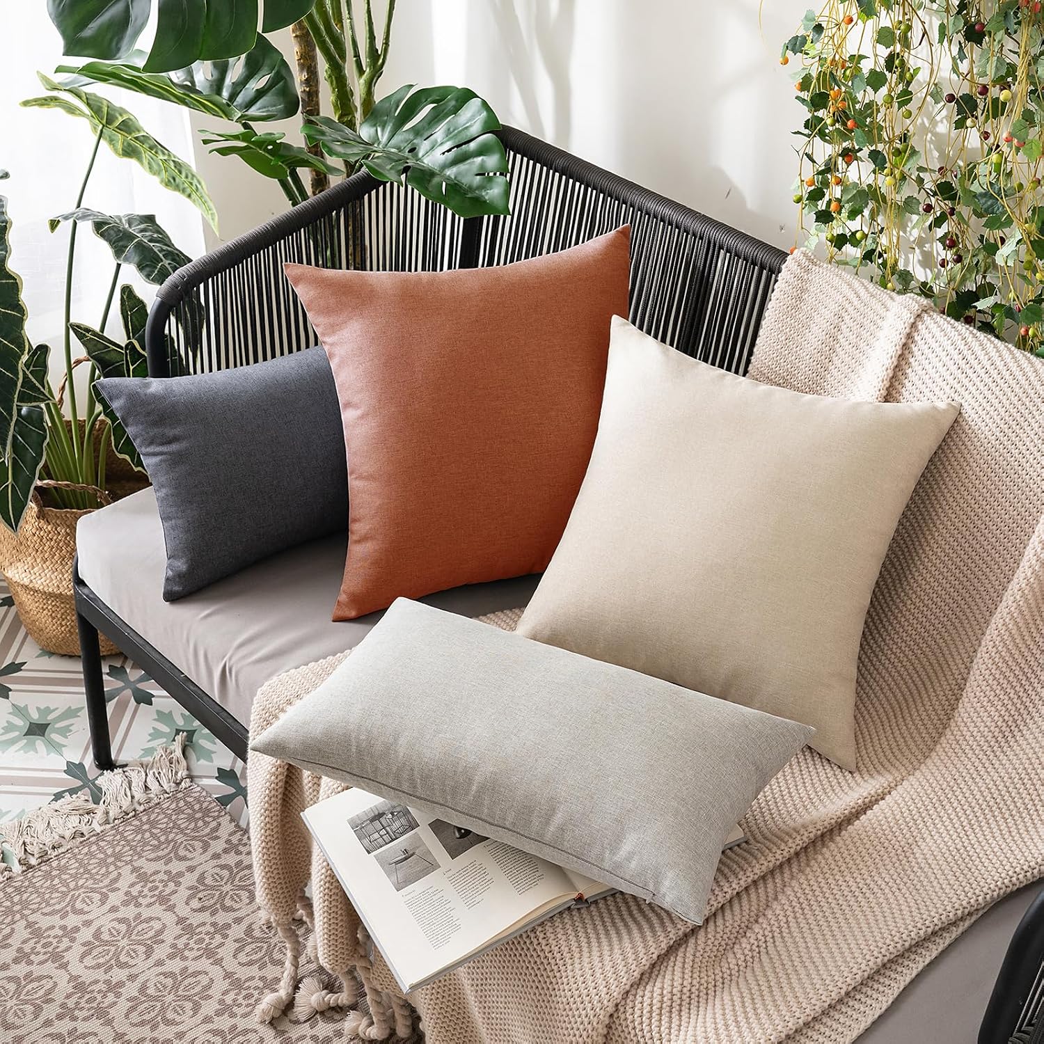 Miulee Pack of 2 Decorative Outdoor Solid Waterproof Throw Pillow Covers Faux Linen Garden Farmhouse Cushion Cases for Summer Patio Tent Ba…