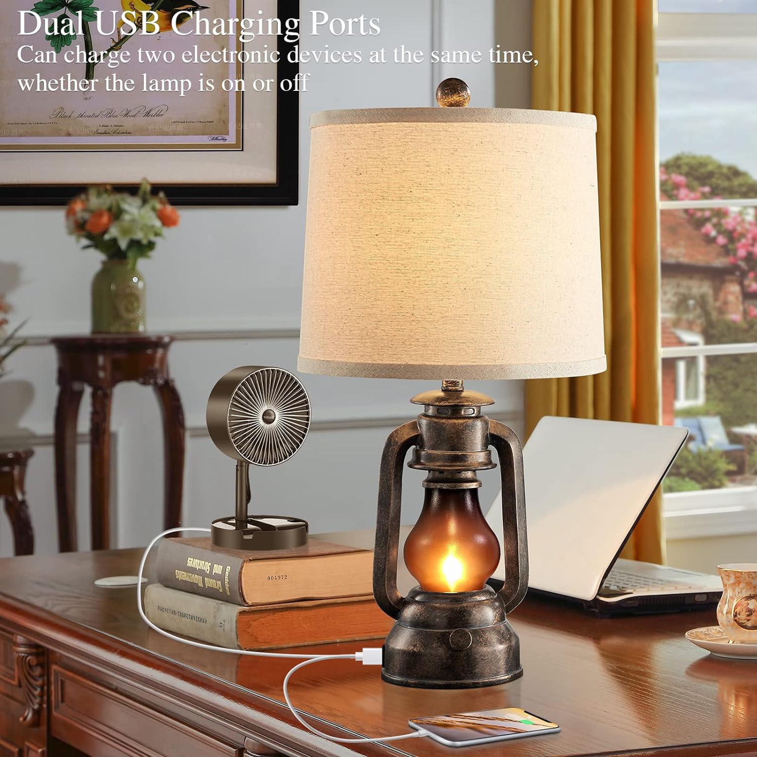 Farmhouse Lantern Table Lamps for Living Room Set of 2, Vintage Bedroom Resin Lamp with Dual USB Charging Ports, Rustic Retro Bedside…
