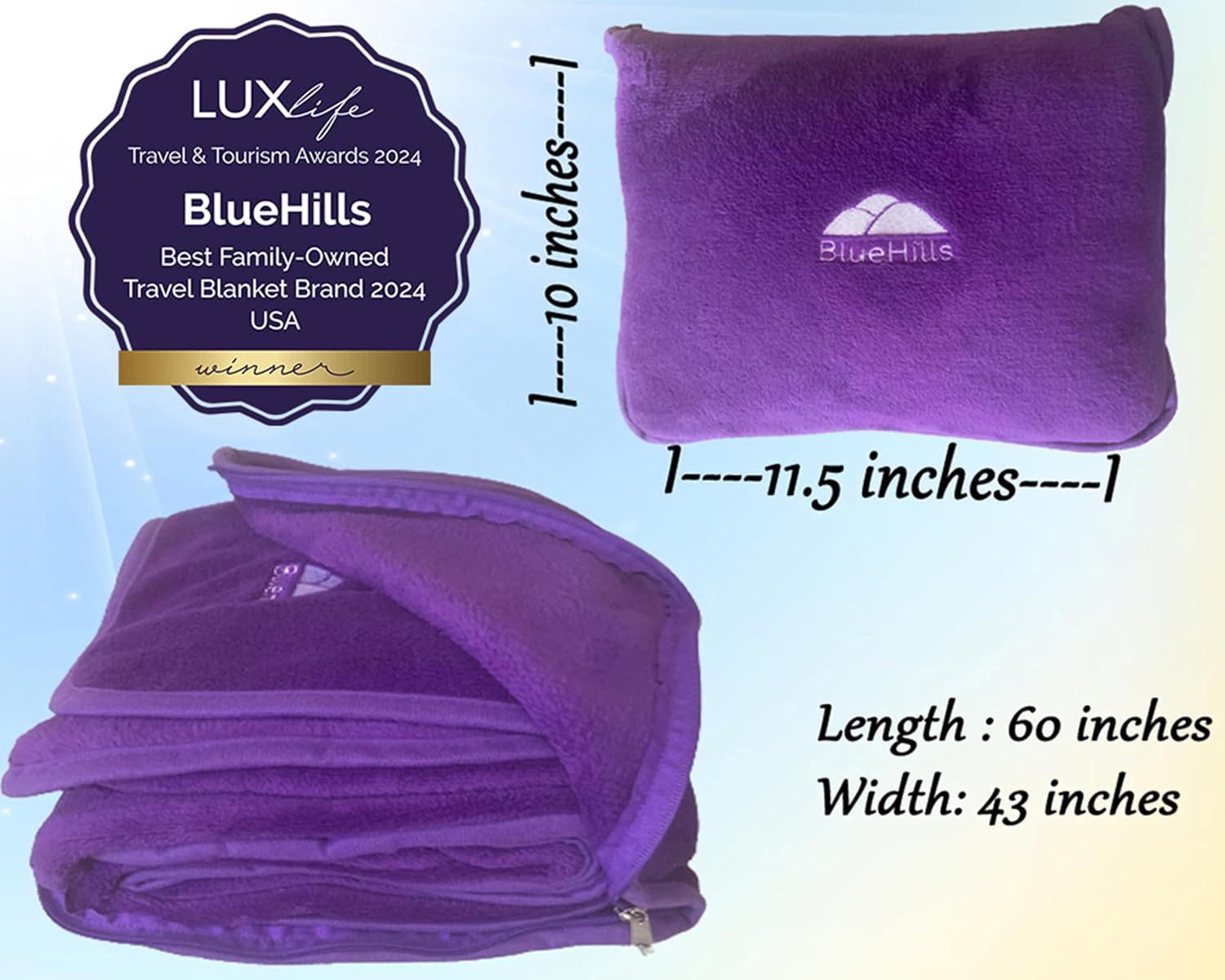 BlueHills Travel Blanket Pillow Premium Soft Plush for Airplane Travel Size Blanket Throw Long Flight Essentials in Compact Bag Plane…