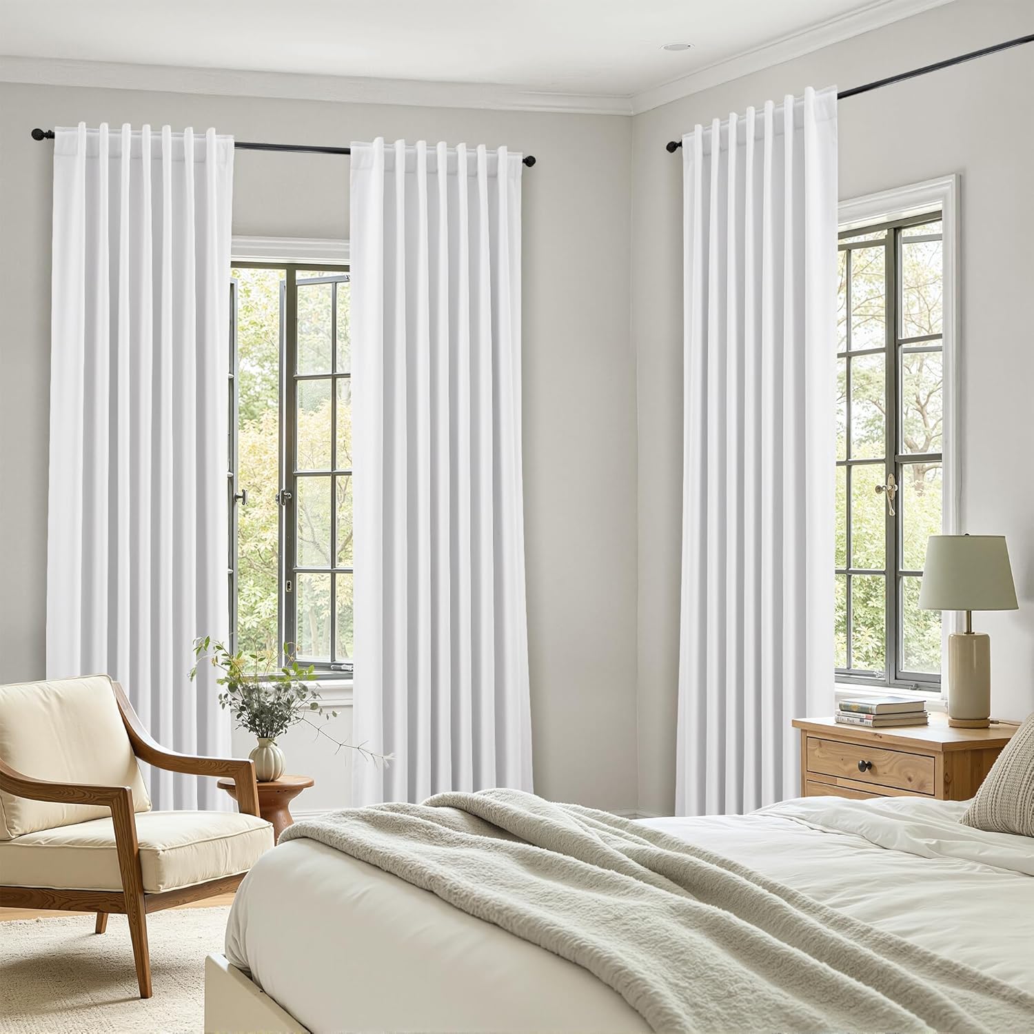 Nanspring White 100% Blackout Linen Curtains for Bedroom 105 Inches Long Back Tab Thermal Insulated Modern Farmhouse Decor Black Out Curtai…