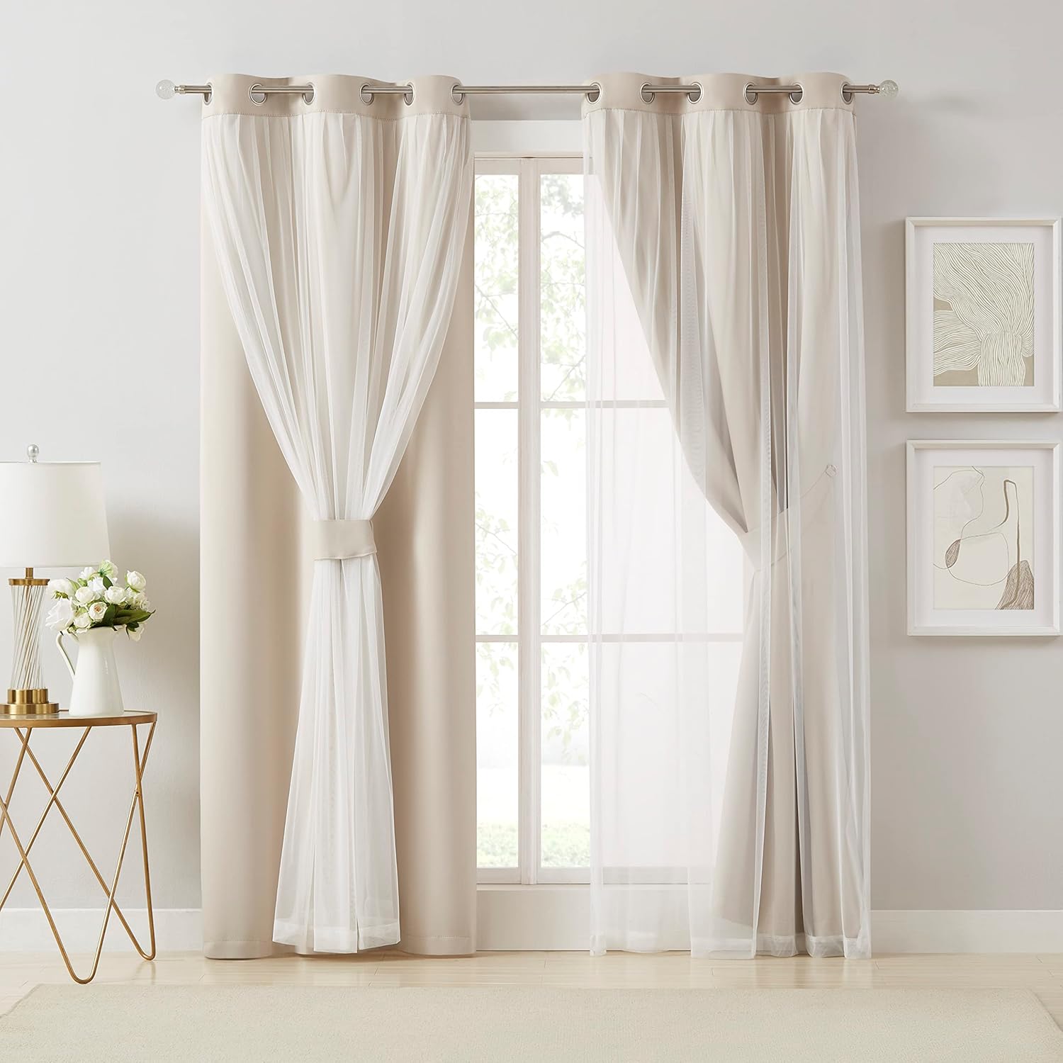 Bujasso Beige 80% Blackout Curtains with Sheer Overlay Mix and Match Double Layer Thermal Insulated Window Panels 95 inch for Living Room B…
