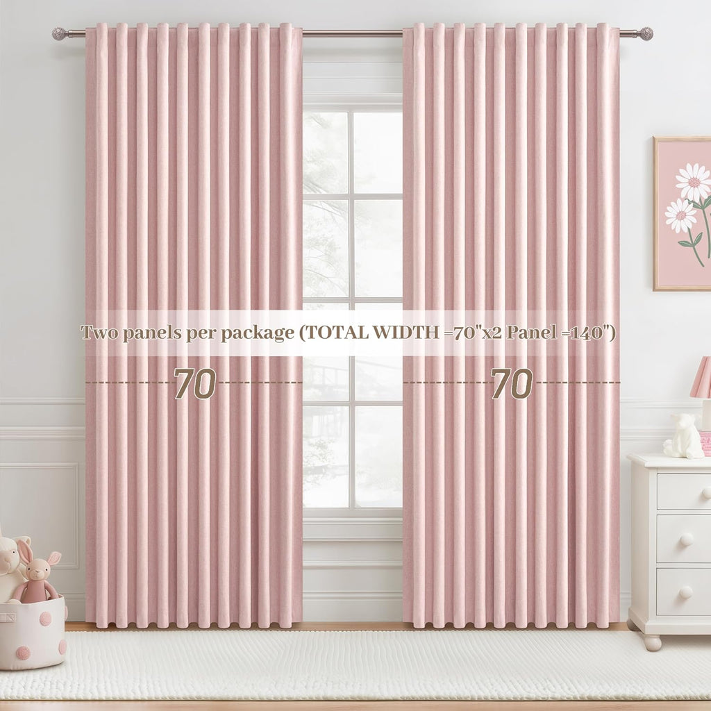 Qjmydeco Cute Baby Pink Blackout Curtains 70 Inches Extra Wide Pleated for Grils Bedroom 2 Panels Set, 96 Inch Long Curtain for Sliding Gla…