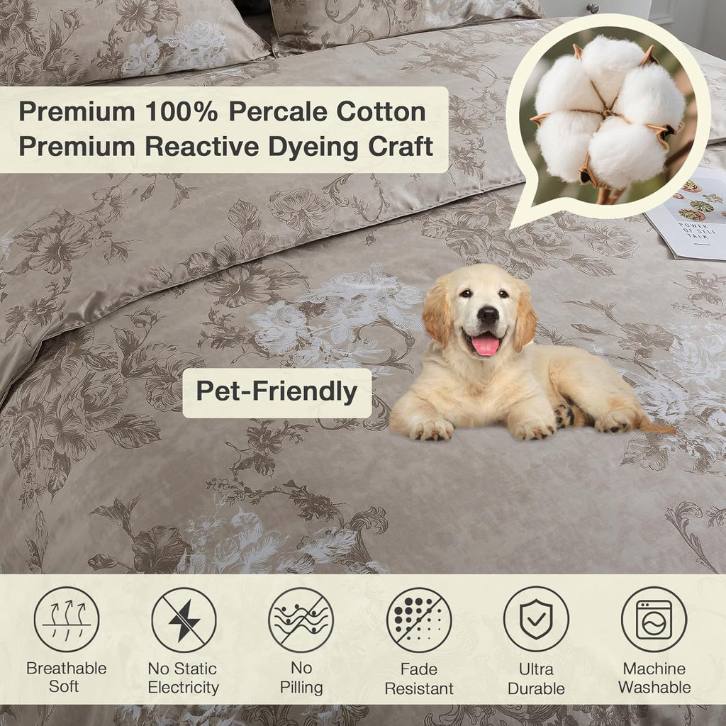 Puralens Dark Beige Moody Floral Duvet Cover, Queen 100% Cotton Percale Neutral Flower Patterned Comforter Cover Set, French Country Soft C…