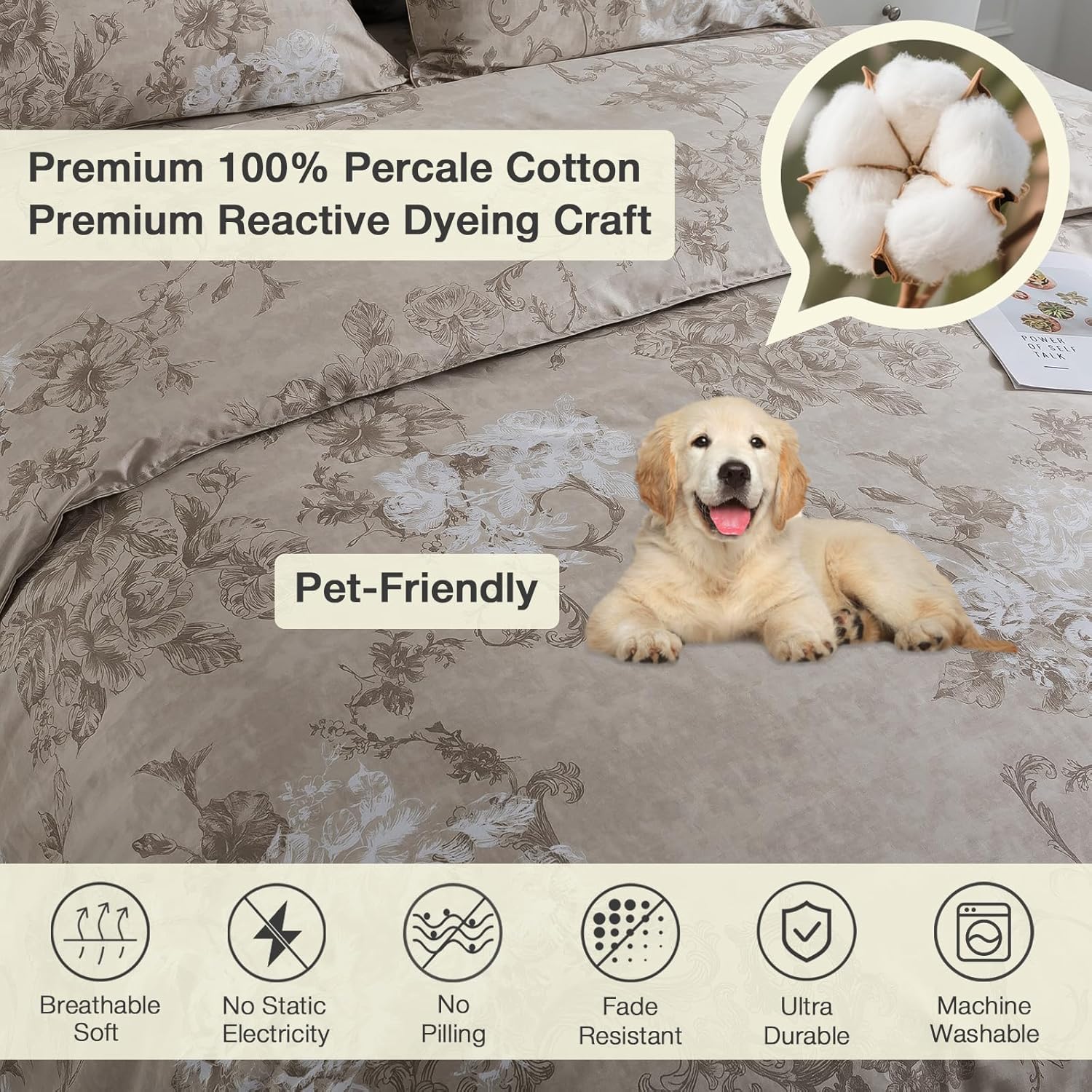 Puralens Dark Beige Moody Floral Duvet Cover, King 100% Cotton Percale Neutral Flower Comforter Cover Set, Shabby Chic Cottage Reversible T…