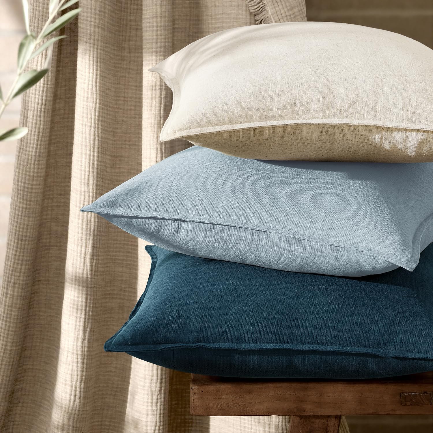 Anroduo Pack of 2 Decorative Linen Pillow Covers Light Blue Neutral Farmhouse Boho Soild Cushion Case Soft Accent Pillowcase for Couch Sofa…