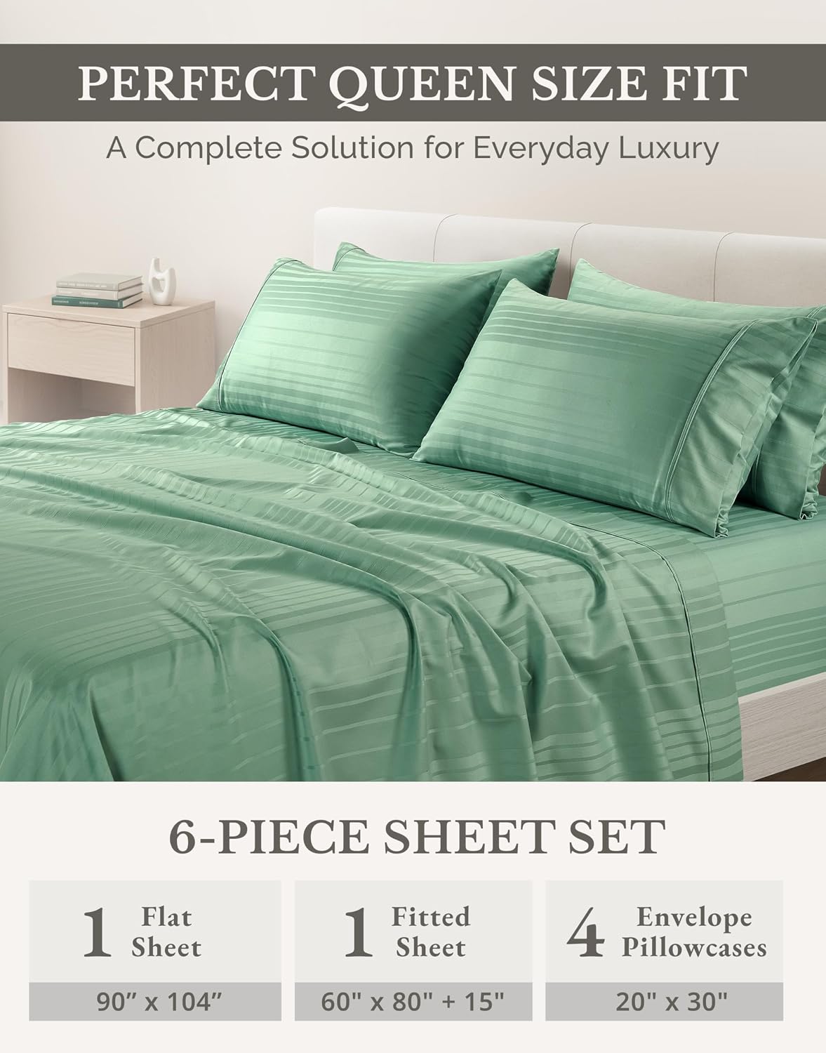 Casa Platino 100% Cotton Sheets Queen Size Set - 6 Pcs (1 Flat, 1 Fitted, 4 Pillowcases) - Striped 500 TC - Ultra Smooth Sateen Weave Bed…