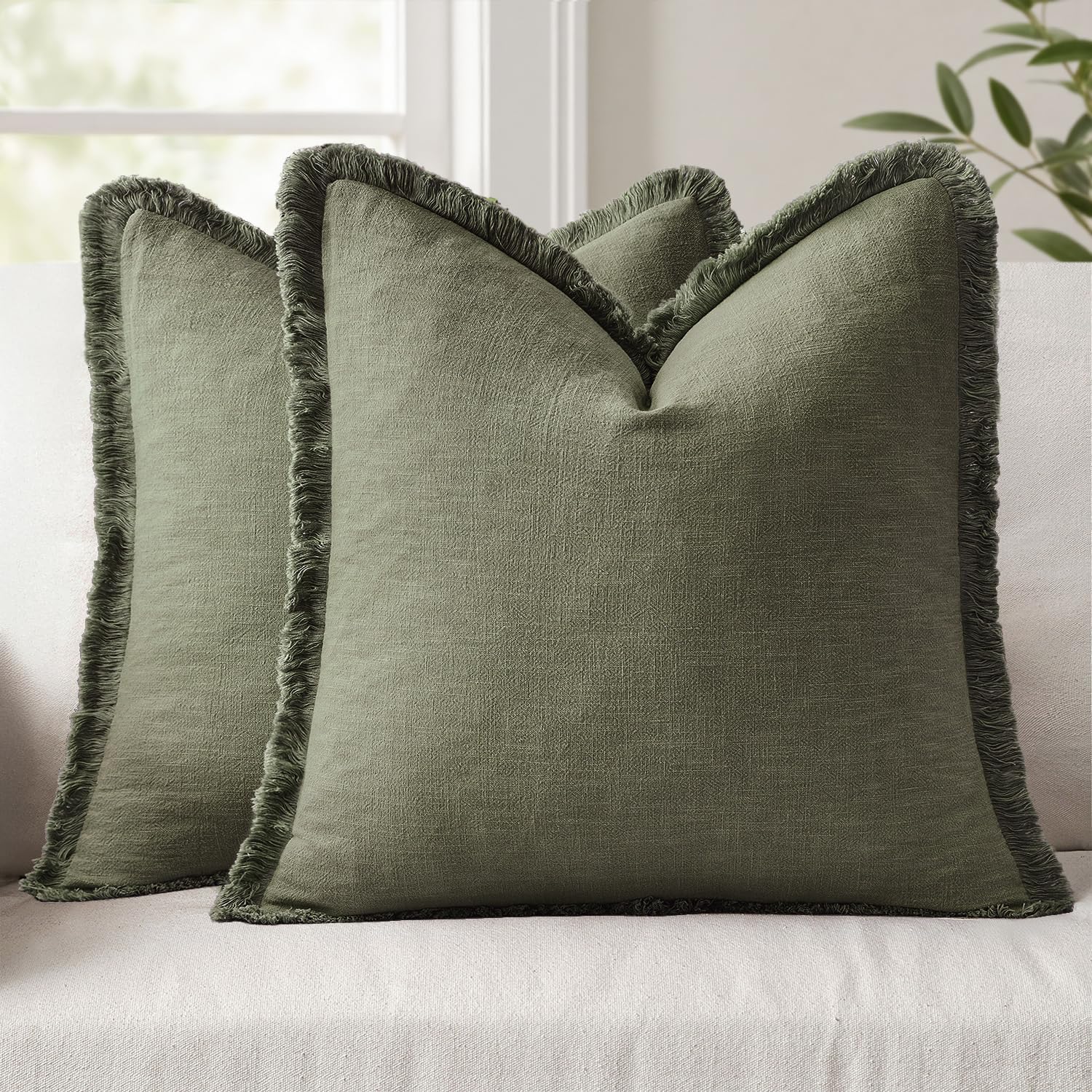 Anroduo Set of 2 Decorative Throw Pillow Covers 20×20 Inch Soft Linen Fringe Farmhouse Boho Vintage Cushion Covers with Tassels Accent Pill…