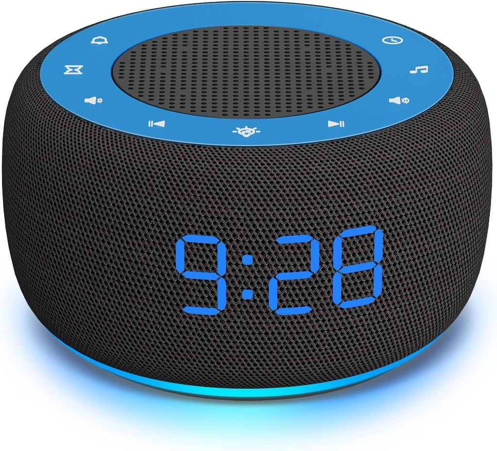 Buffbee Sound Machine & Alarm Clock 2-in-1, 0-100% Clock Face Brightness, Bottom Colored Light, Sleep Timer, Precise 30-Level Volume…