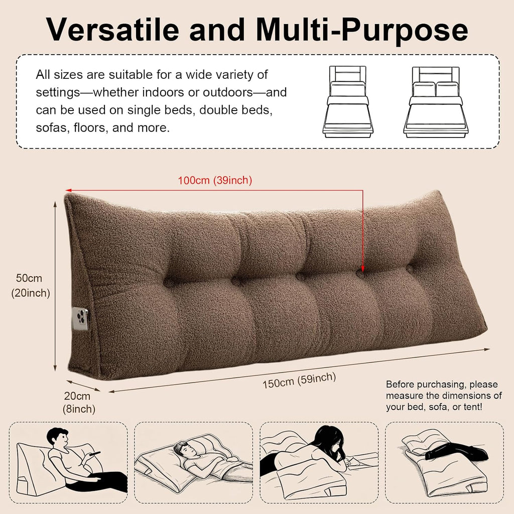 Headboard Pillow Wedge – Soft Teddy Velvet Reading Pillow for Bed, Backrest Cushion with Removable Cover & Side Pockets, Comfortable…