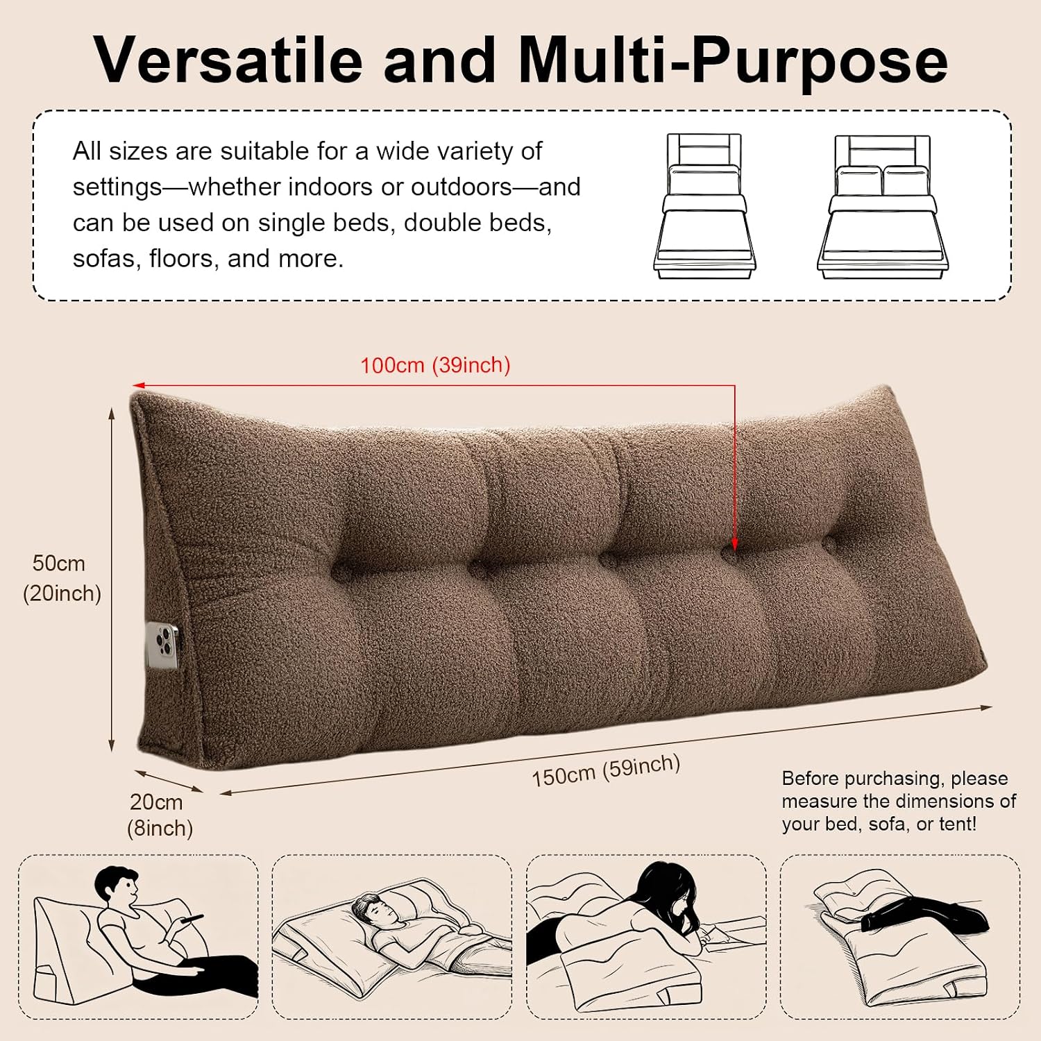 Headboard Pillow Wedge – Soft Teddy Velvet Reading Pillow for Bed, Backrest Cushion with Removable Cover & Side Pockets, Comfortable…