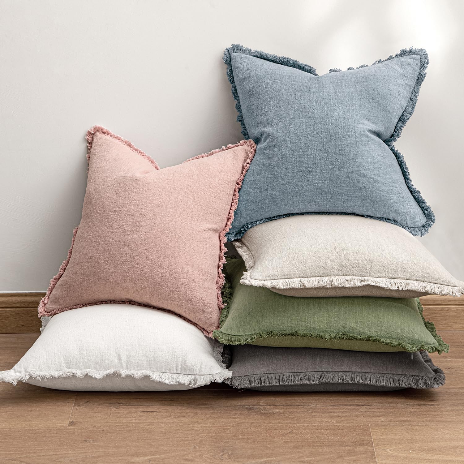 Anroduo Set of 2 Decorative Throw Pillow Covers 18×18 Inch Soft Linen Fringe Farmhouse Boho Vintage Cushion Covers with Tassels Accent Pill…