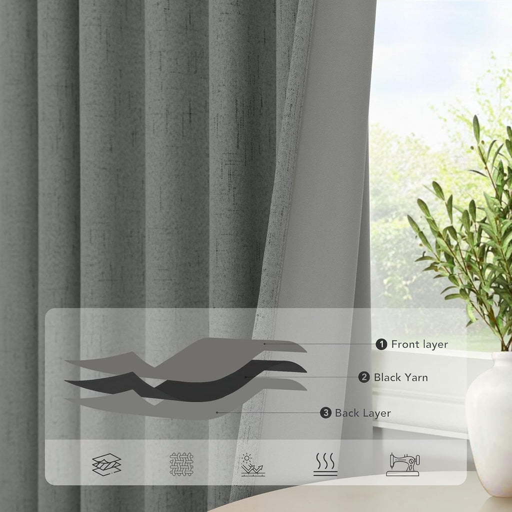 Pitalk Gray Black Out Curtains 72 Inch Long for Bedroom 2 Panels Set Back Tab Pleated Neutral Boho Linen Textured Dark Grey Room Darkening…