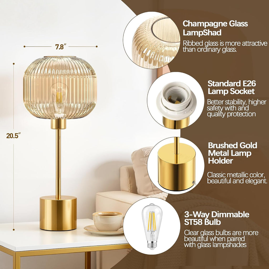 QiMH Glass Table Lamp for Living Room, Modern Bedside Lamp with Champagne Ribbed Glass Shade, 3-Way Dimmable Touch Control Nightstand…