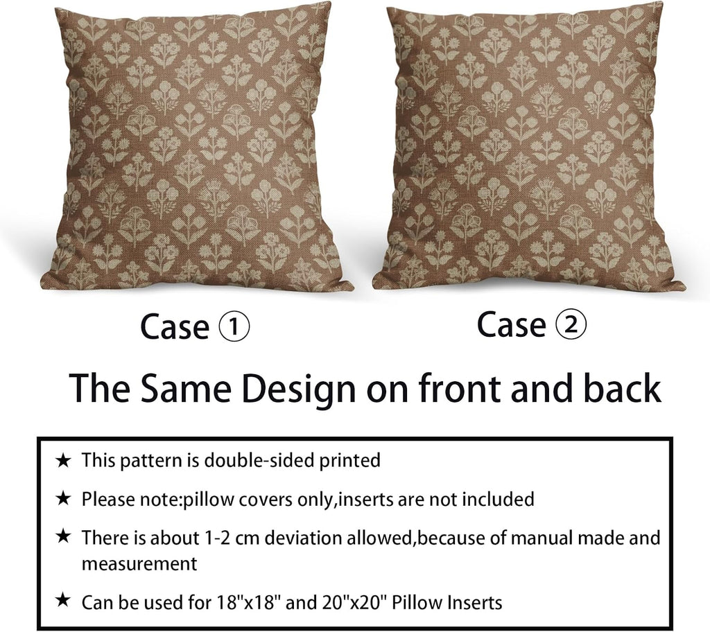 Brown Floral Pillow Covers 22x22 Inch Set of 2, Vintage Flower Block Pattern Decorative Throw Pillowcases Outdoor Farmhouse Cushion…