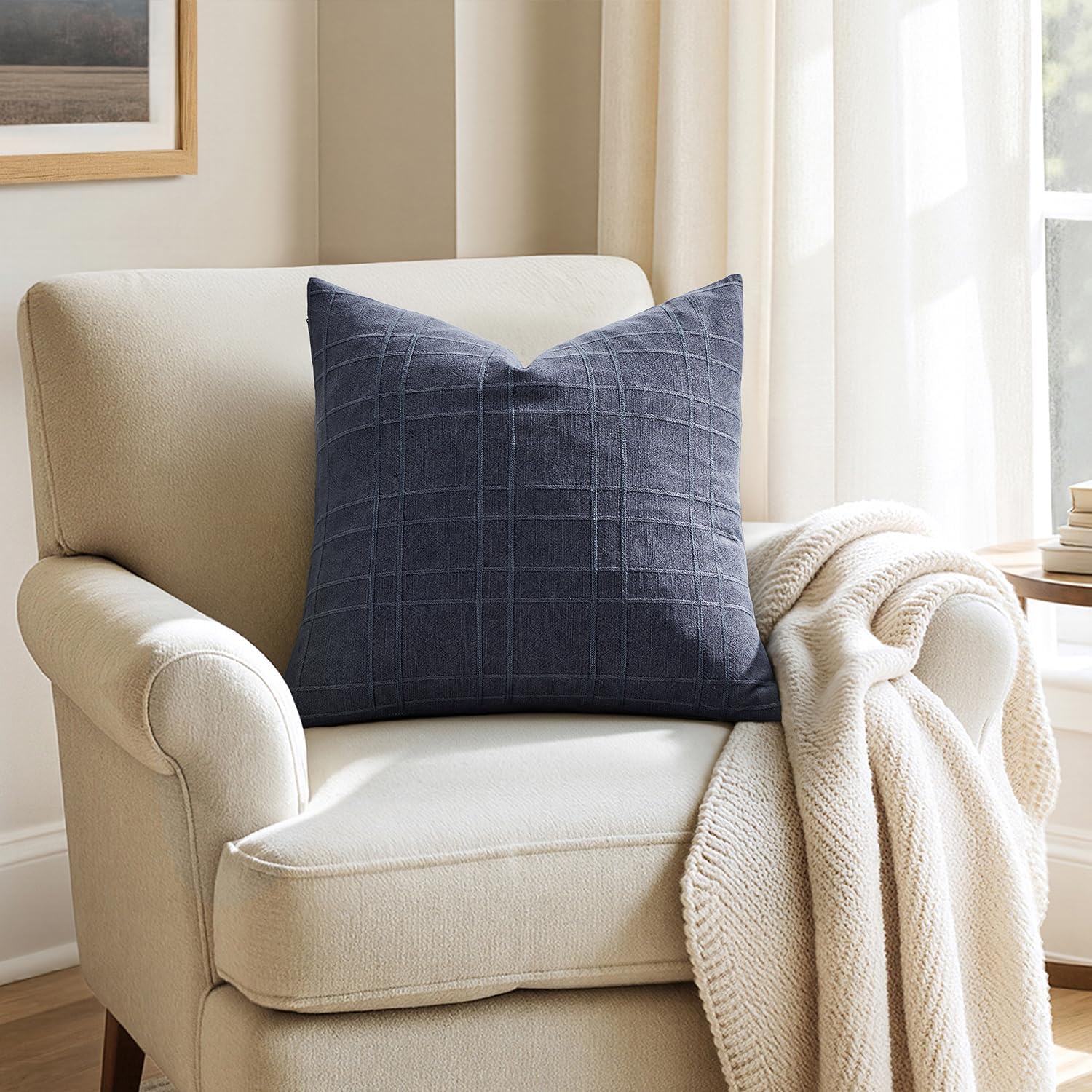 Miulee Decorative Linen Check Throw Pillow Covers Neutral Farmhouse Vintage Pillow Covers 20x20 Set of 2 Boho Modern Home Decor for Sofa Co…