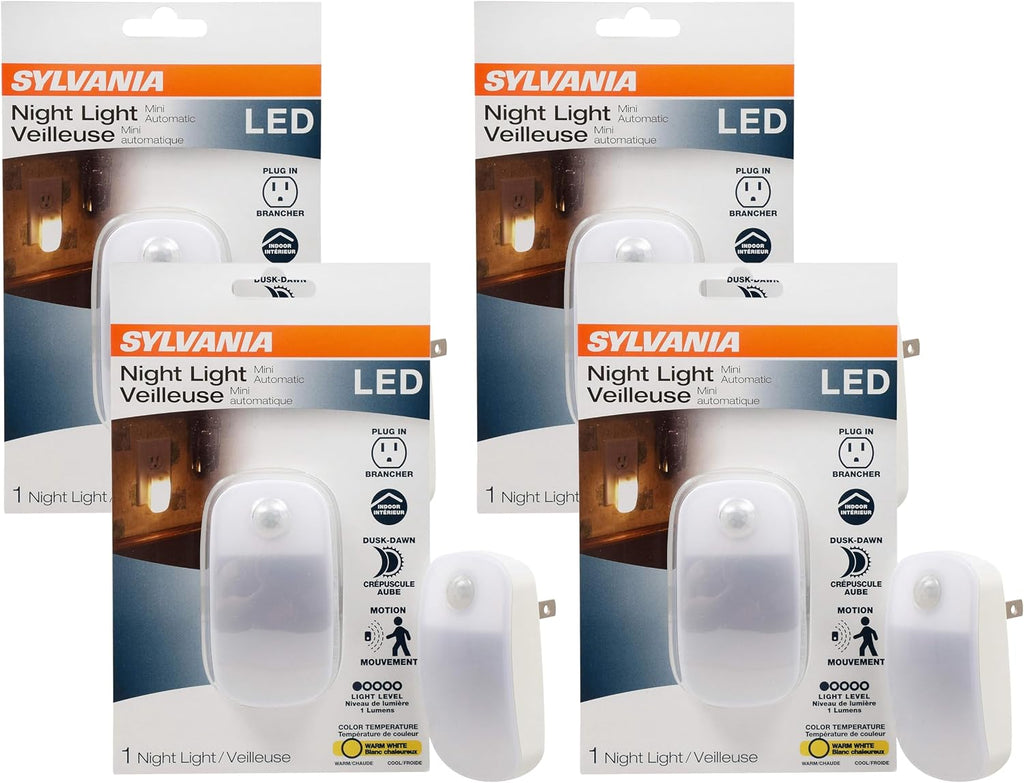 LEDVANCE Sylvania LED Mini Automatic Plug-in Night Light with Sensor, Motion Activated, Dusk to Dawn, Warm White, Plug-in Type - 4 Pack…