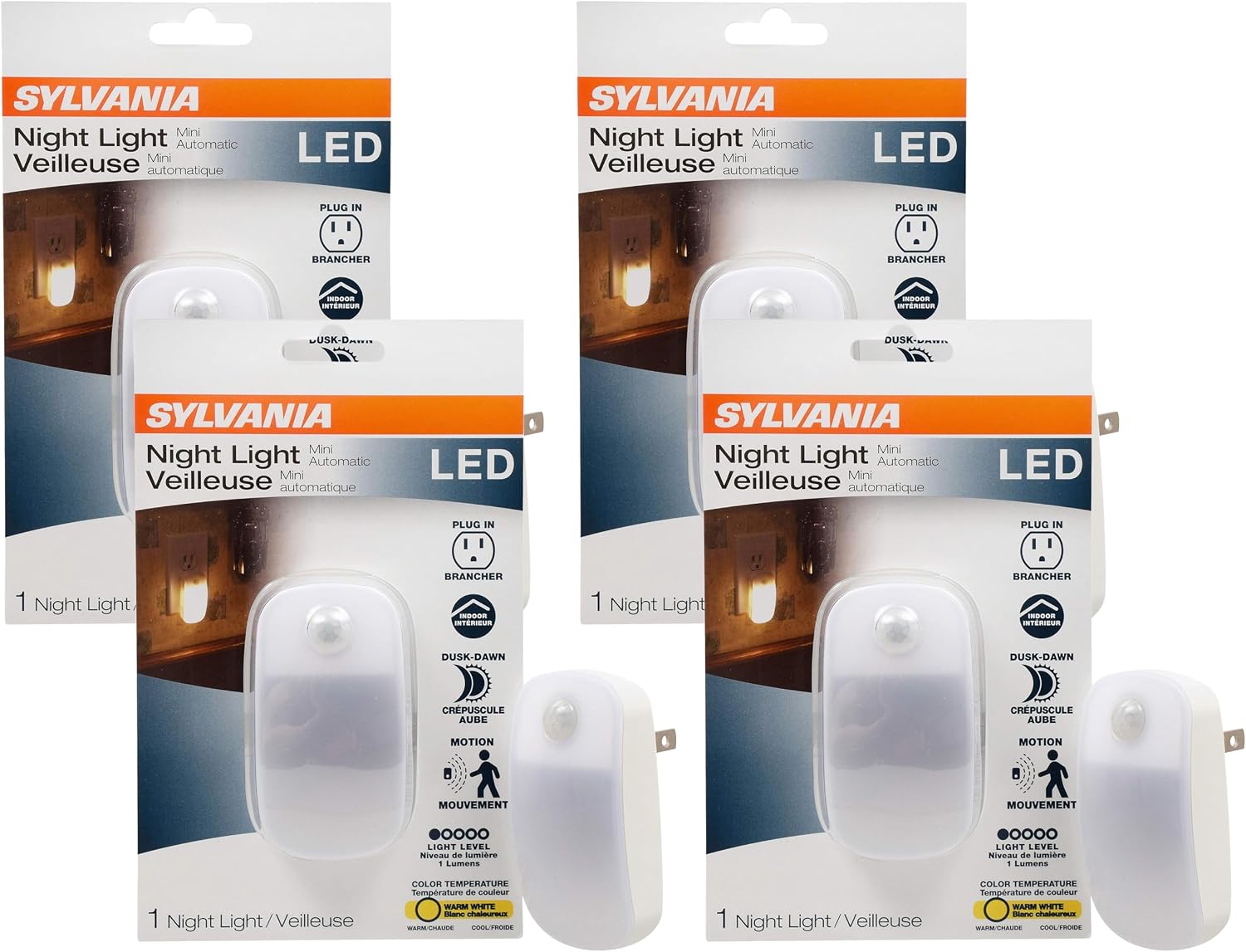 LEDVANCE Sylvania LED Mini Automatic Plug-in Night Light with Sensor, Motion Activated, Dusk to Dawn, Warm White, Plug-in Type - 4 Pack…