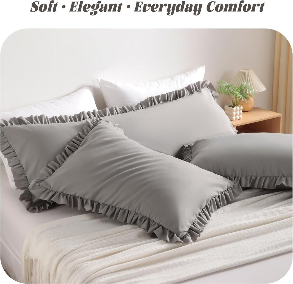 Bedsum Ruffled Pillow Shams King 20x36 Set of 2, Brushed Microfiber Pillowcases with Envelope Closure, Soft Wrinkle-Resistant, Smoke Grey G…