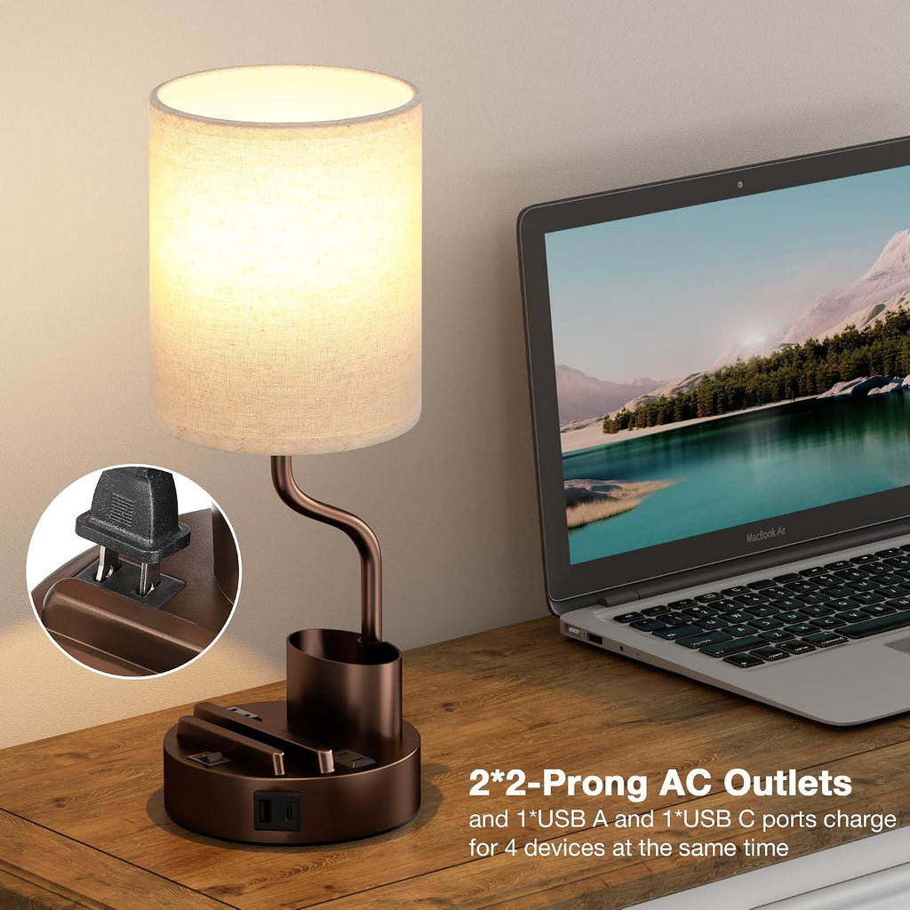 Bedside Table Lamps for Bedroom Set of 2 - Beige Nightstand Lamp with AC Outlet Charging Port and USB A C, 3 Color Temperatures, Included…