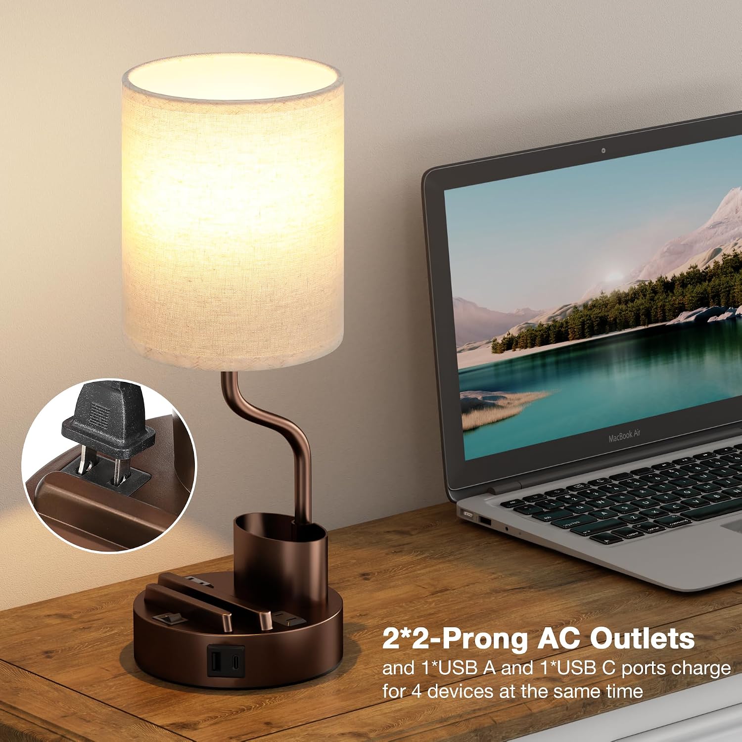 Bedside Table Lamps for Bedroom Set of 2 - Beige Nightstand Lamp with AC Outlet Charging Port and USB A C, 3 Color Temperatures, Included…