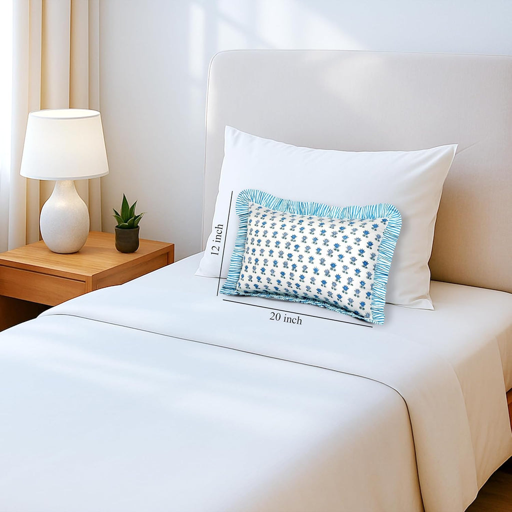 Cottonprintclub CPC Hand Block Print Arctic Blue Ruffle Sham Pillow Cover 20" x 12" inch Hidden Zipper Decorative Pillowcase for Couch, Bed…