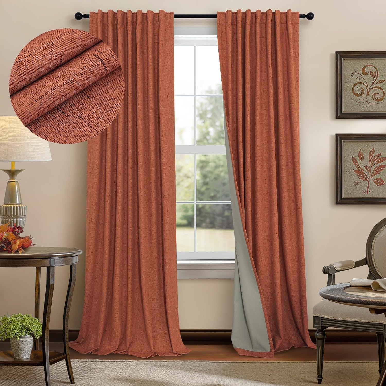Pitalk Rust Colored Curtains for Bedroom 96 Inches Long 2 Panel Set Faux Linen Cute Blackout Curtains for Living Room Darkening Thermal Dra…