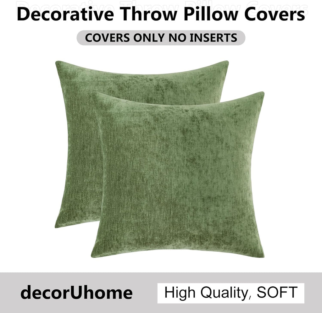 decorUhome Chenille Olive Green Throw Pillow Covers 20x20 Inch Set of 2, Decorative Soft Couch Pillow Covers Solid Dyed Accent Farmhouse Ne…