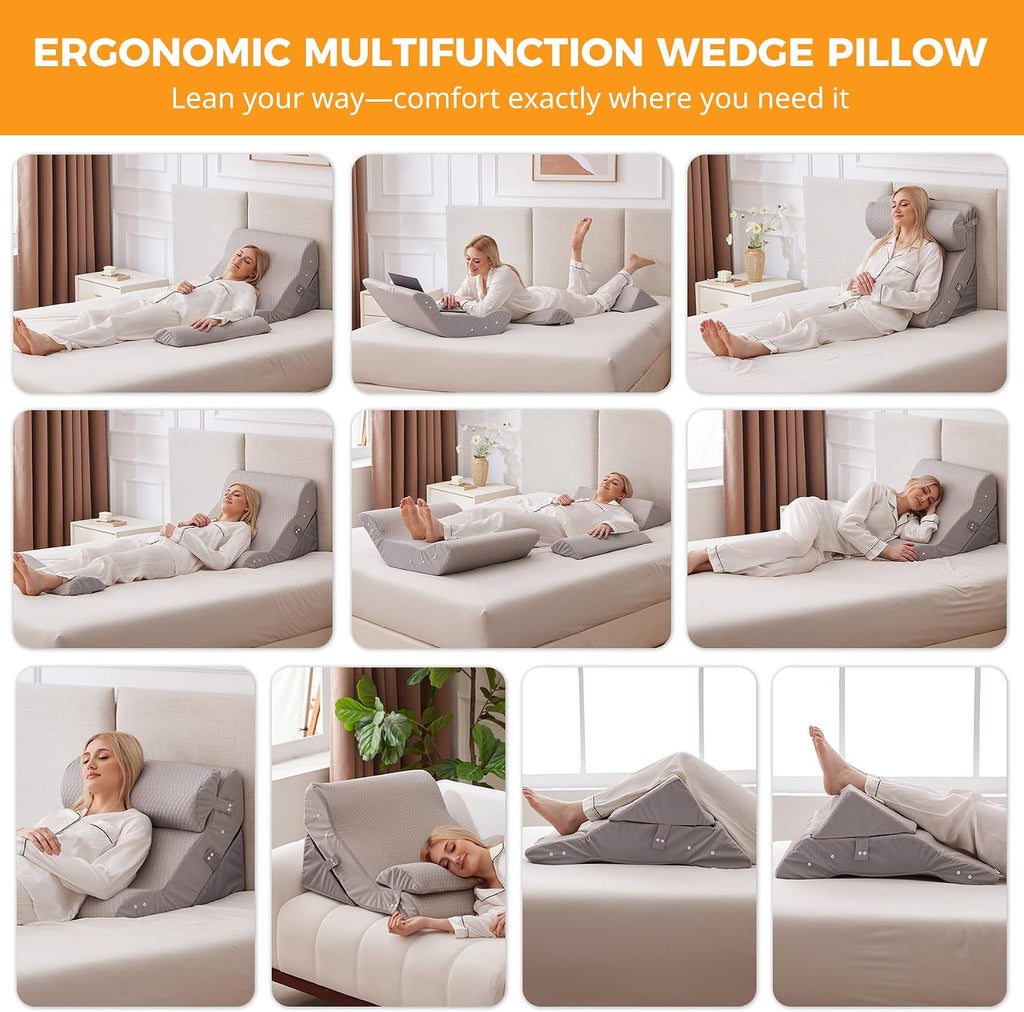 Ruqmuis 3PCS Wedge Pillow Set for After Surgery, Adjustable Back Pillow for Bed Sitting up, Acid Reflux, Bed Wedge Pillow Headboard for Sle…