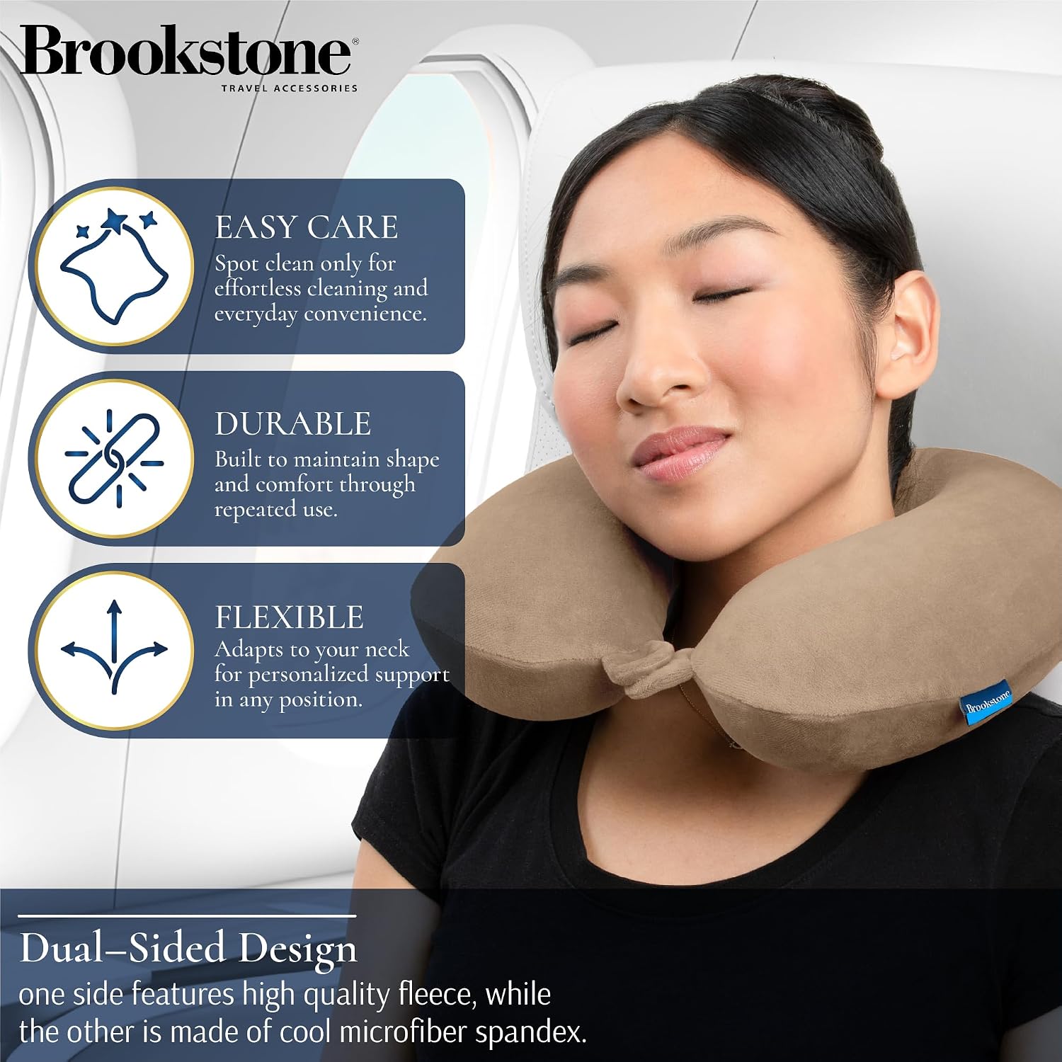 Brookstone Travel Neck Pillow - Lightweight U-Shaped Memory Foam Travel Pillow for Airplane, Car Travels & Sleeping, Khaki